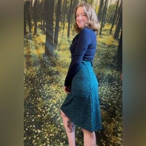 🌀 Ibex Providence Dress, Blue and Teal, Cowl Neck – Made in USA – Size Small